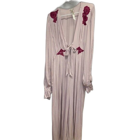 Free People L Perfect Morning One Piece Jumpsuit Pink Lace V Neck Long Sleeve - Picture 15 of 16